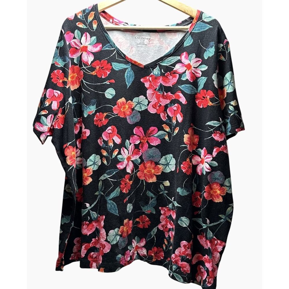 Catherines Petite Black Floral Pull Over Blouse‎ V Neck Flowy Comfort Size 2X WP